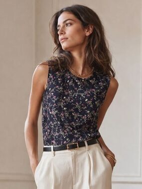 6397 Sleeveless Navy Floral Sheer Burnout Tank Top Size XS